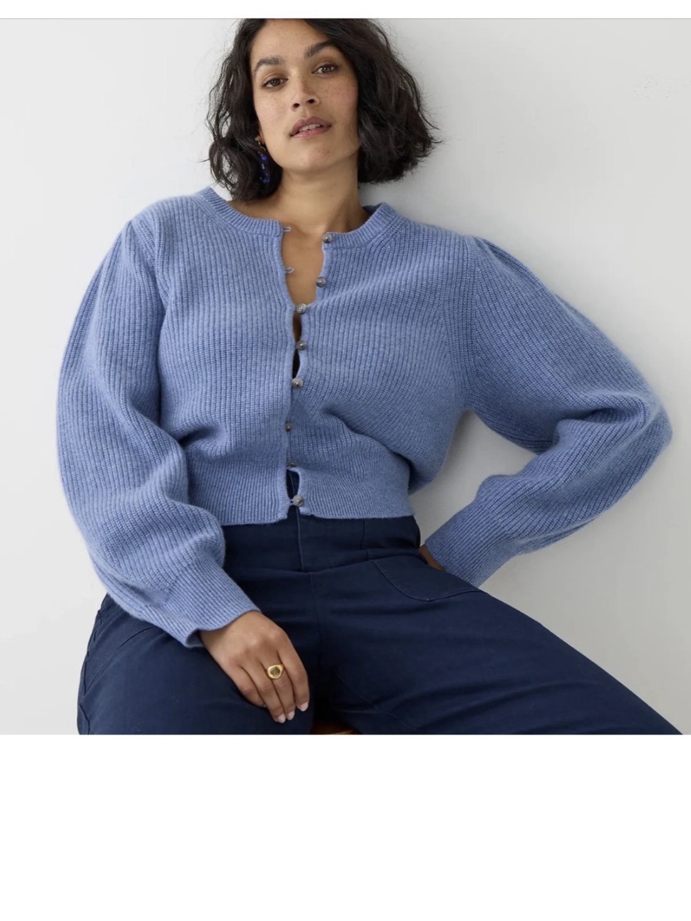 J.Crew Cashmere Puff-Sleeve Cropped Cardigan Sweater Blue BJ577 Quiet Luxury S